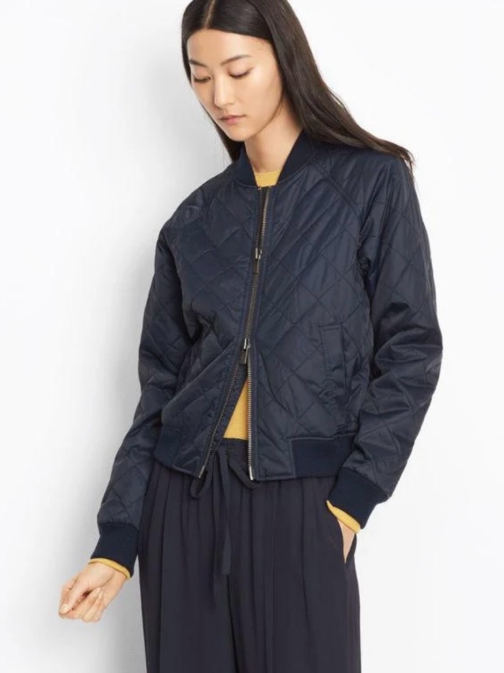 Vince Navy Quilted Bomber Jacket with Rib Trim
